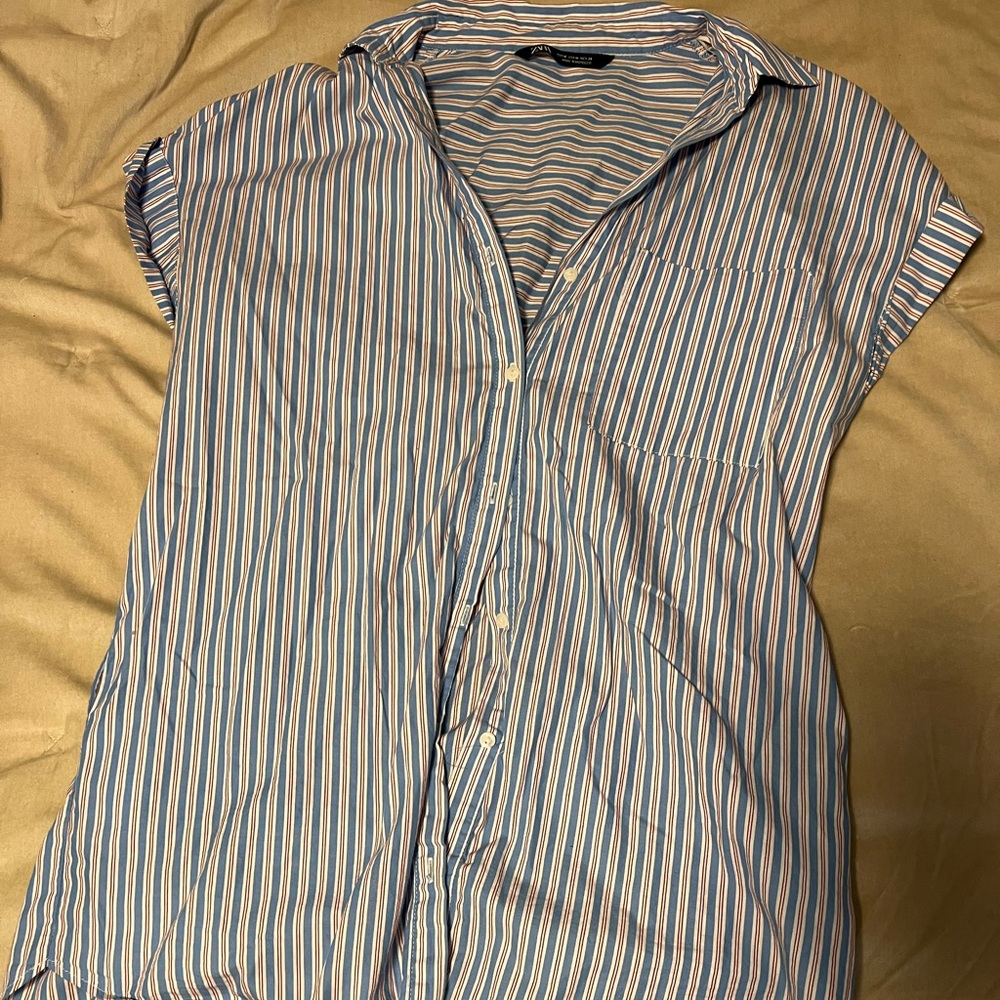 Zara blue, red, and white button up Mini Tshirt Dress